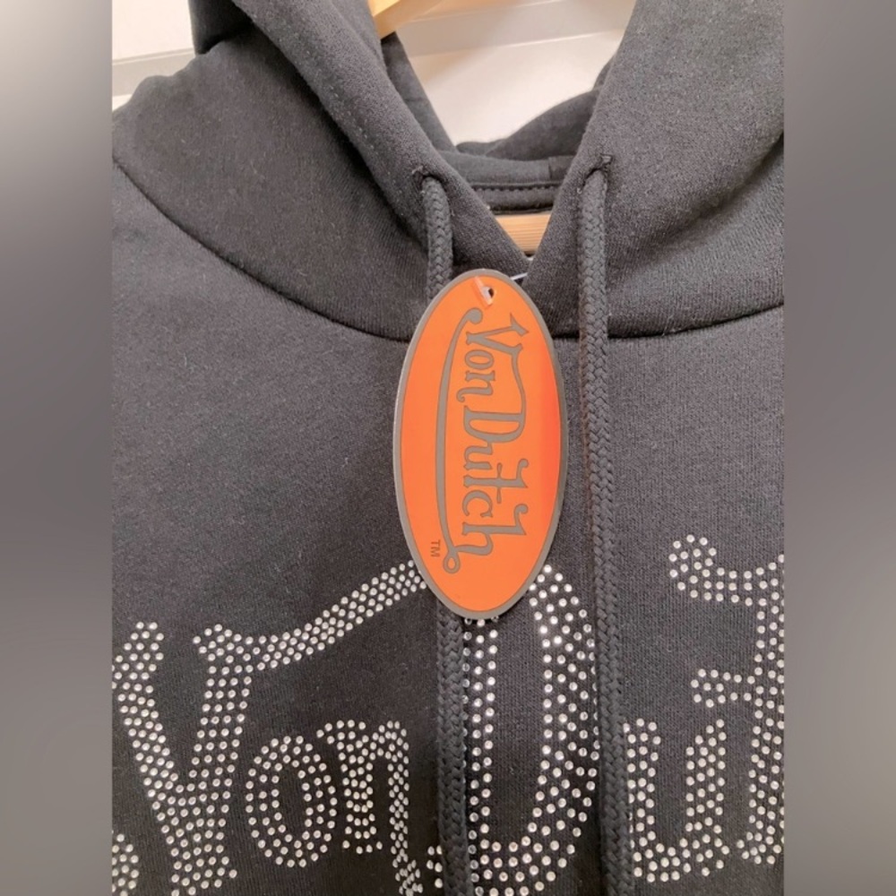 Von Dutch Rhinestone Cropped Hoodie | Black | NWT | Oversized | Y2K | Size XL - Picture 5 of 8
